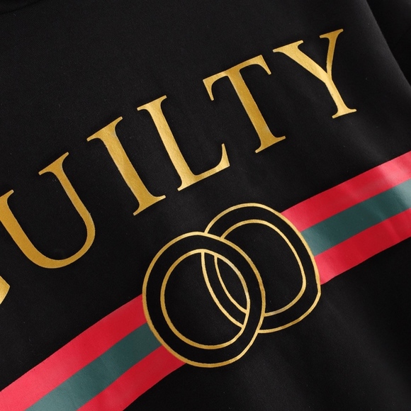 Guilty Print Cropped Hoodie Sweatshirt White Black - Picture 4 of 8